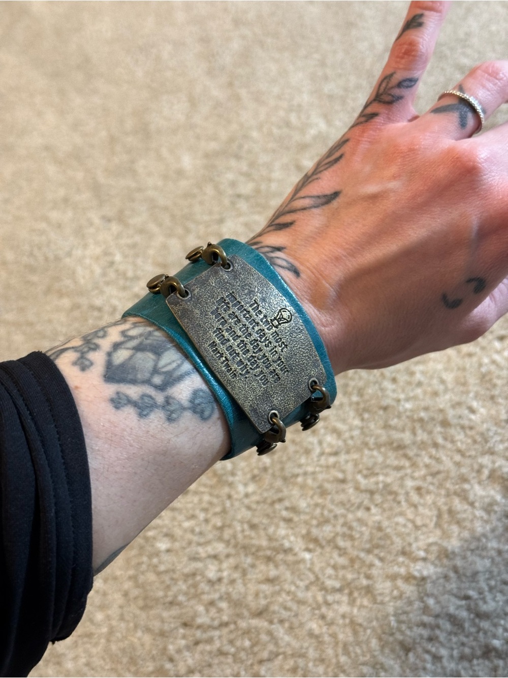 Handcrafted Teal Leather Cuff Bracelet w/ Engraved Brass Plate - Rustic Boho